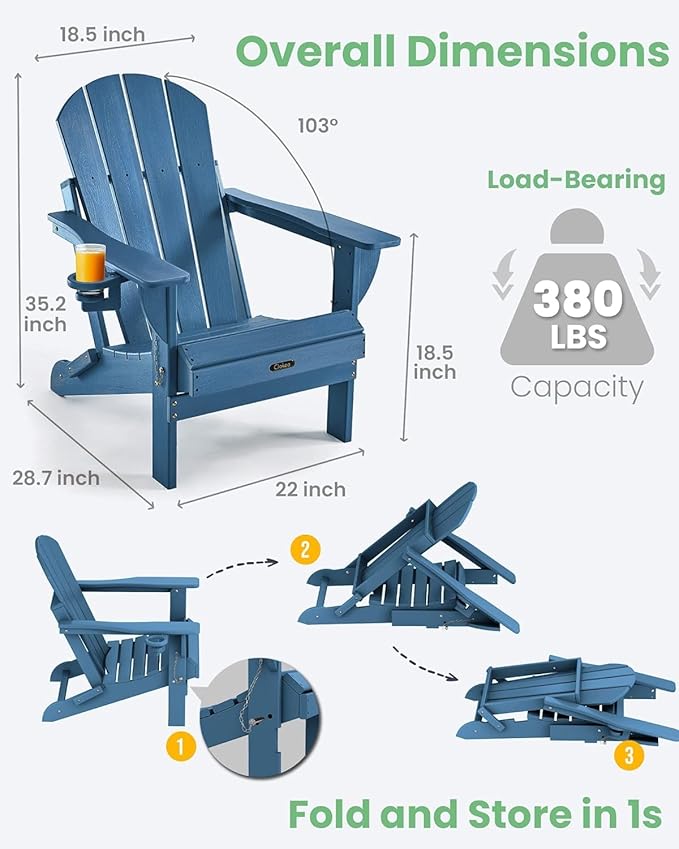 Ciokea Folding Adirondack Chair 6 Pack, Patio Adirondack Chair Weather Resistant, Plastic Fire Pit Chair with Cup Holder, Lawn Chair for Outdoor Porch Garden Backyard Deck (Royal Blue)