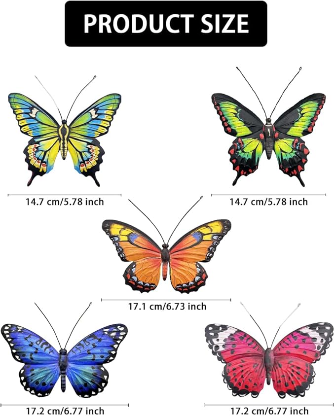 EOORAU Metal Butterfly Wall Outdoor Decor - 5 Pcs 3D Lifelike Metal Butterflies Wall Art Sculpture Hanging Decorations for Outside Fence Yard Patio Garden