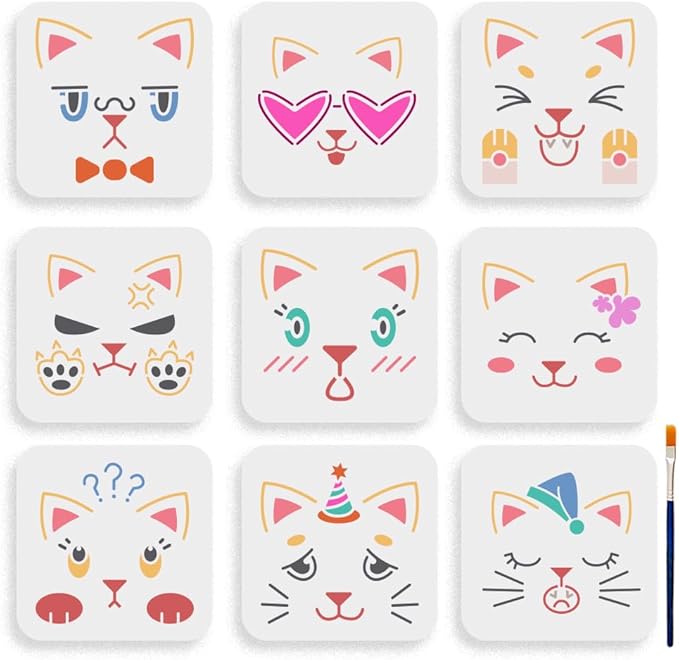 MAYJOYDIY 9pcs Cat Emotion Stencil 6×6inch Cute Cat Face Stencil Reusable Animal Pet Cat Themes Drawing Template with Paint Brush for Art Crafts Canvas Furniture Wall Wood
