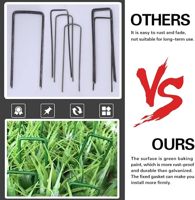 Bakulyor 200pcs Green Artificial Turf Stakes Staples + 200pcs Buffer Washer, 6 Inch 11 Gauge Landscape Staples, Galvanized Lawn Spikes, Heavy Duty Yard Ground Pin for Grass Weed Barrier Sod Fabric