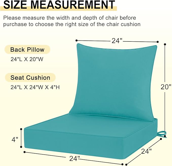 downluxe Outdoor Chair Cushions 24x24 with Removable Cover, Waterproof Patio Furniture Cushions, Deep Seat Cushions for Outdoor Furniture with Backrest for Sofa, Couch and Patio Chairs, Teal