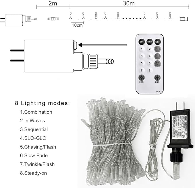 MEHOFOND 100ft 300 LED Christmas String Lights, 8 Lighting Modes Fariy LED String Lights, Timer Plug in Xmas Bday Wedding Party Decoration Outdoor Indoor Holiday Garden Decor (Warm White)(Connectable)