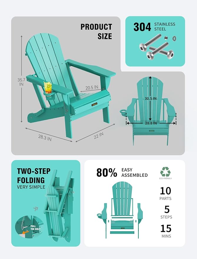 Carauci Plastic HDPE Adirondack Chair, Folding Adirondack Chair Weather Resistant with Cup Holder, Wooden Textured Fire Pit Outdoor Chair for Garden, Porch, Lawn, Backyard, Supports 380LBS, Lake Blue