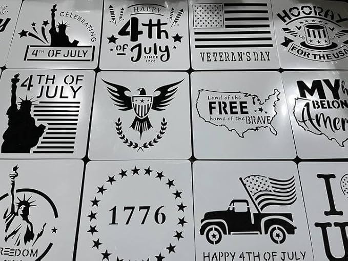 16 pcs Independence Day Stencils Reusable,8x8 4th of July Stencils for Painting American Flag Stencil for Scrapbooking Drawing Wall Floor Decoration DIY Painting Projects (Independence Day-16pcs)