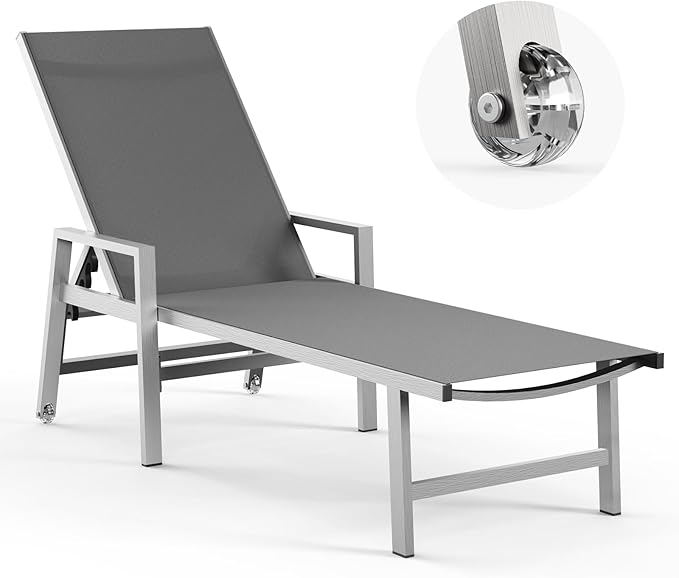 Patio Chaise Lounge Outdoor Chair with Wheels&Armrests, Aluminum Pool Lounge Chairs 5-Position Adjustable Recliner, Outdoor Beach Lounge Chairs for Poolside, Patio, Deck, Yard, Dark Gray