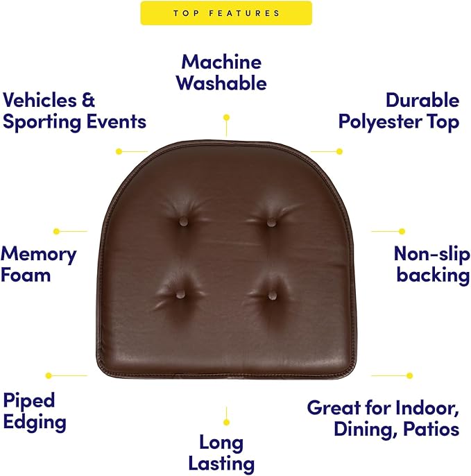 Sweet Home Collection Chair Cushion Memory Foam Pads Tufted Slip Non Skid Rubber Back U-Shaped 17" x 16" Seat Cover, 12 Pack, Faux Leather Chocolate Brown