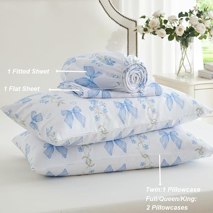 Blue Bow Sheet Set Full Garden Floral Fitted Sheet Set for Girls Kids Soft Microfiber Fitted Flat Sheets & Pillowcases Cute Princess Style Bowknot Bedding Sets Toddlers 4 Pieces