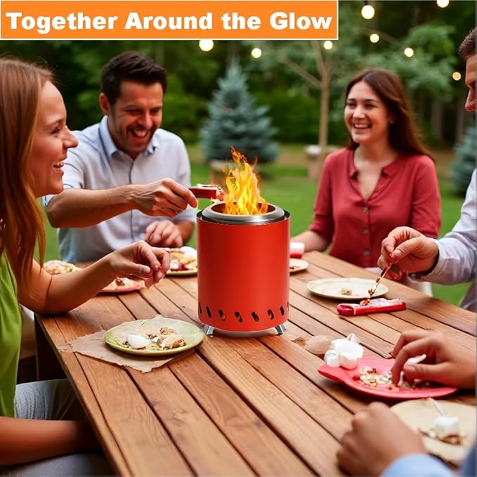 Red Tabletop Fire Pit - Portable Outdoor Camping Stove with Heavy-Duty Grill Grate & True Heat-Resistant Gloves, Low Smoke for Patio & Camping