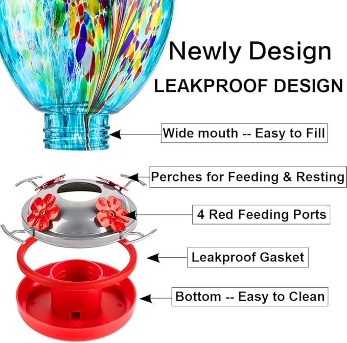 2 Pack Unique Hand Blown Glass Hummingbird Feeders for Outdoors Hanging Patio Garden Decorations Hummingbird Feeder with Ant Moat Hook Brush and Service Card (Blue and Fire)
