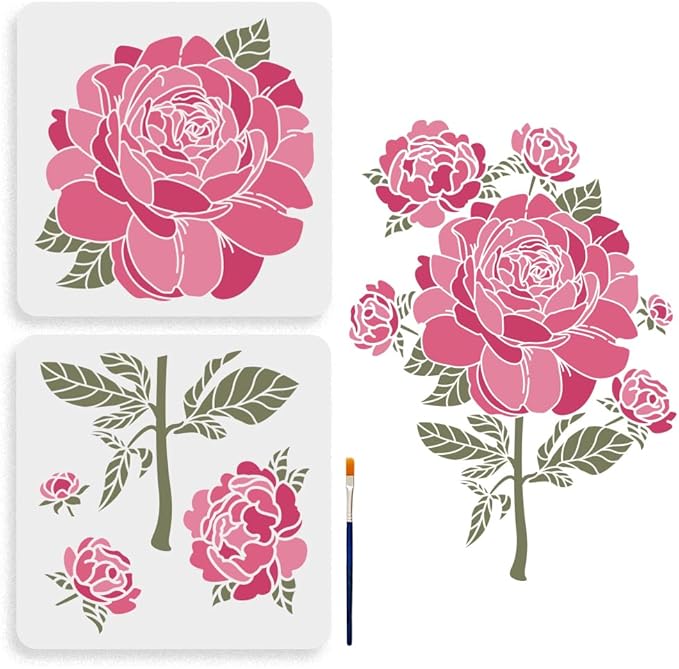 MAYJOYDIY 2pcs Peony Stencil 11.8×11.8inch Large Peony Flower Stencils for Painting Splicing Style with Paint Brush Spring Floral Peony Drawing Template for Wood Walls Canvas Furniture Art Crafts