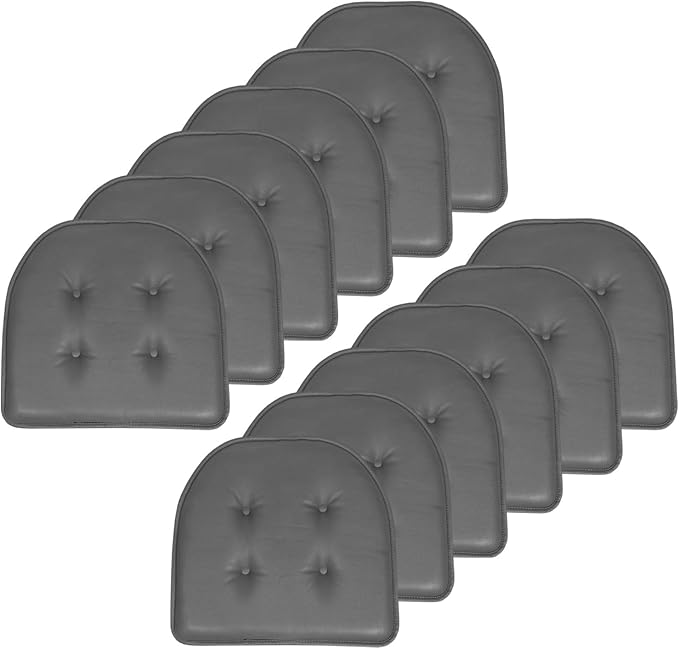 Sweet Home Collection Chair Cushion Memory Foam Pads Tufted Slip Non Skid Rubber Back U-Shaped 17" x 16" Seat Cover, 12 Pack, Faux Leather Gray