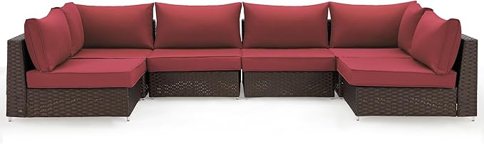 HOMREST Outdoor Replacement Cushions for Patio Furniture,Water-Repellent Sofa Cushion for 6-Seat Rattan Wicker Sectional Patio Conversation Sets,14-Piece Cushions Set for Outdoor Couch（Burgundy Red）