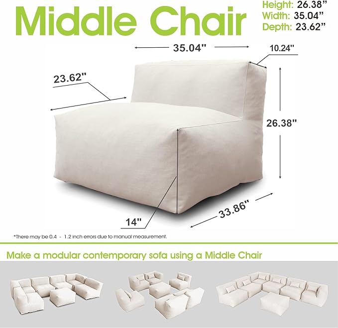 Patio Armless Chair, Outdoor Middle Bean Bag Chair, Daybed Sofa Comfy Couch, Modular Patio Sectional Sofa, Water-Resistant Olefin Fabric, High-Density Foam Filled, Comfy Lounge Seat, Light Beige
