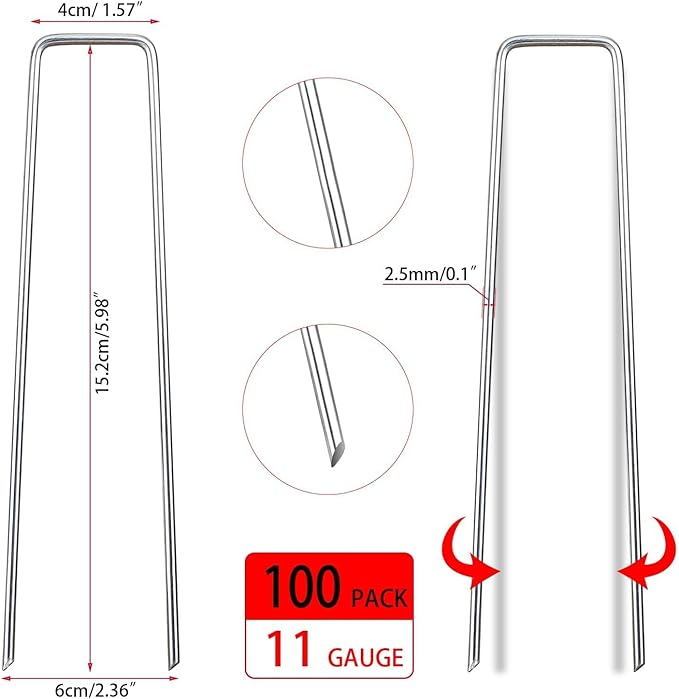 100 Pack Garden Landscape Staples, 6 Inch 11 Gauge Galvanized Garden Stakes Ground U Shaped Landscape Pins to Secure Lawn Fabrics Weed Barrier Covers Ground Cover and Landscaping