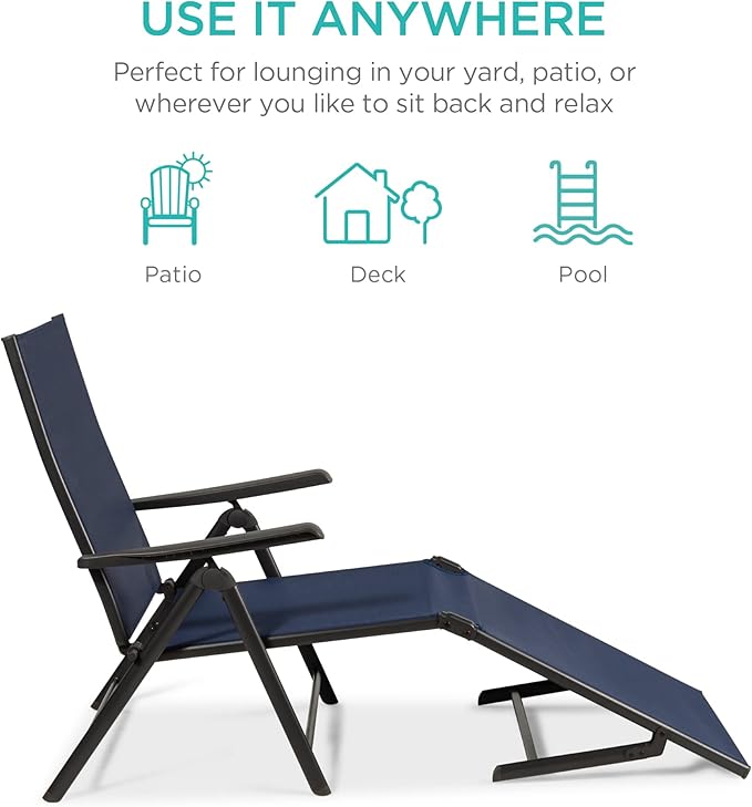 Best Choice Products Set of 2 Outdoor Patio Chaise Lounge Chair Adjustable Reclining Folding Pool Lounger for Poolside, Deck, Backyard w/Steel Frame, 250lb Weight Capacity - Navy