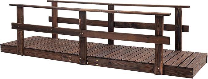 7 ft Pine Wood Garden Bridge with Safety Rails, Backyard Footbridge for Ponds, Creeks, Streams