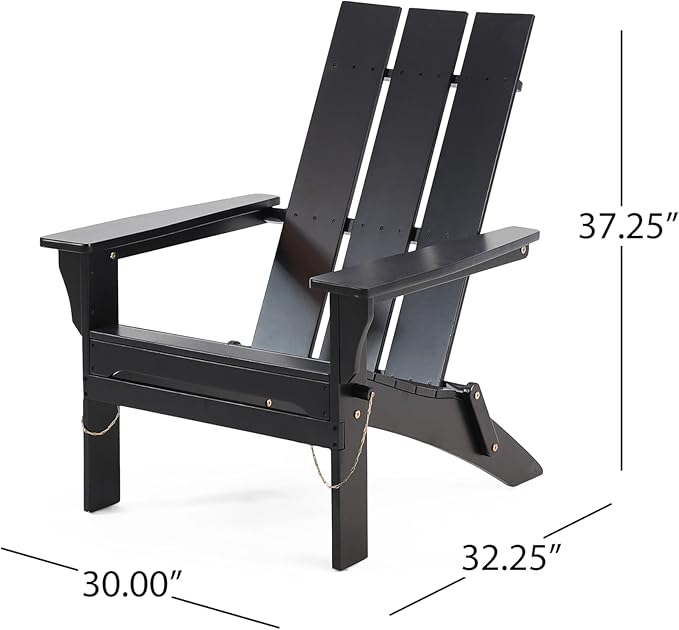 Christopher Knight Home Kaisa Acacia Wood Lounge Chair Outdoor, Foldable Adirondack Chair, Slatted Design Side Chair, Extra Seating for Balcony Backyard Poolside Garden, Weather Resistant, Black