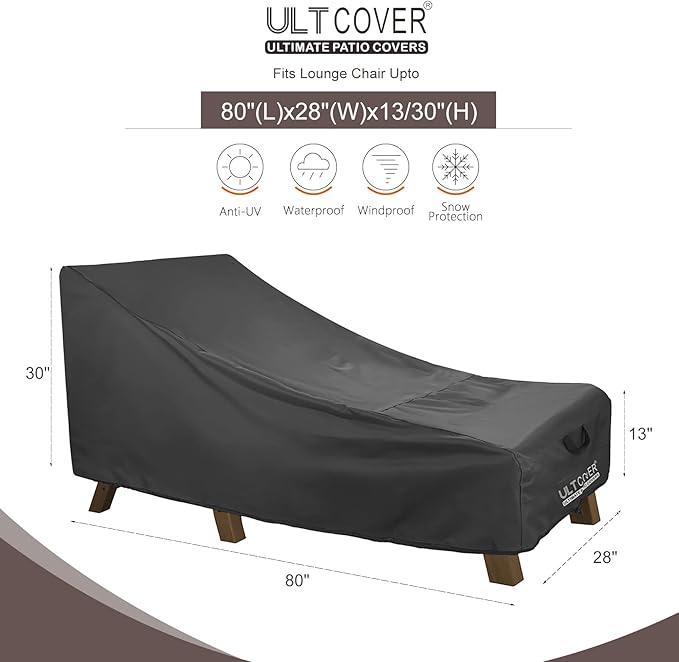 ULTCOVER Waterproof Patio Lounge Chair Cover Heavy Duty Outdoor Chaise Lounge Covers 2 Pack - 80L x 28W x 30H inch, Black