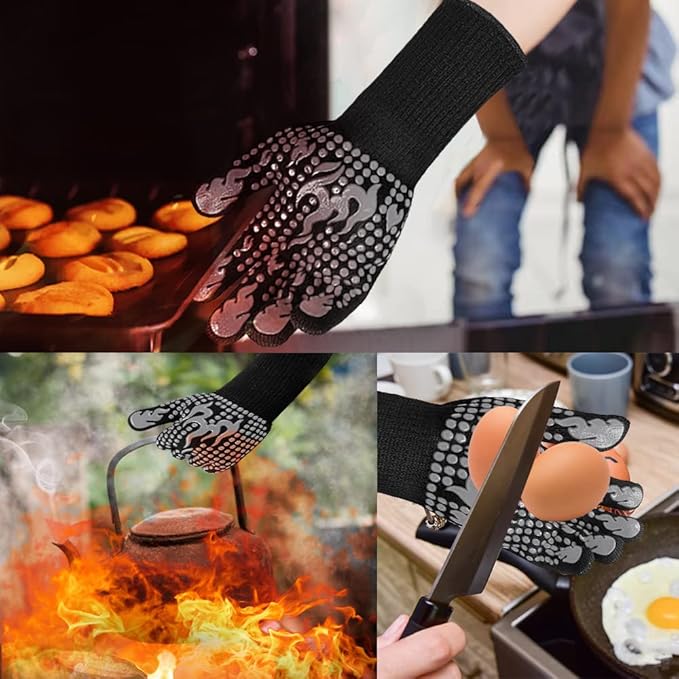 BBQ Gloves, Heat Resistant Gloves for Cooking, Non-Slip Grill Oven Mitts, 1472°F Extreme Heat Resistant Silicone Grilling Gloves for Barbecue, Frying, Baking, 1 Pair (Gray)