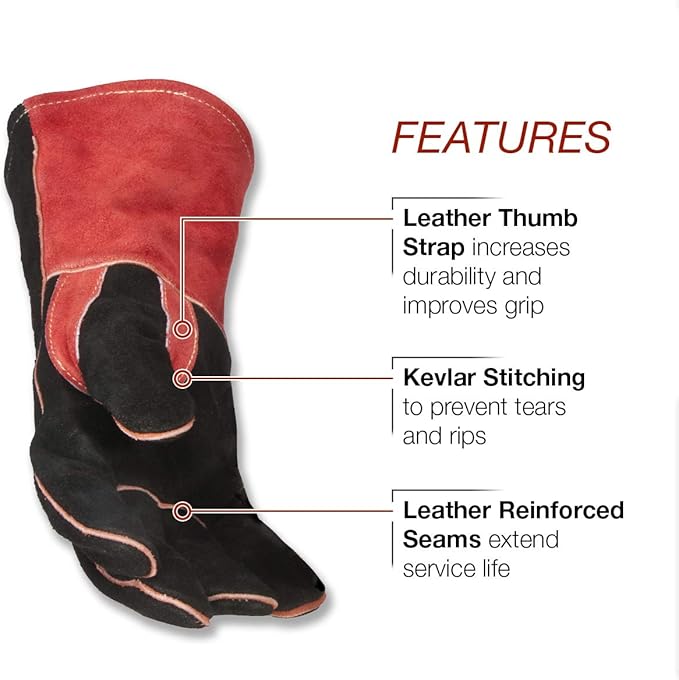 Lincoln Electric Traditional MIG/Stick Welding Gloves | 14" Lined Leather | Kevlar Stitching | K2979-ALL, Black, Red