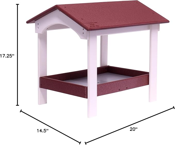 AmishToyBox.com Ground Bird Feeder, Deluxe Fly-Through Covered Feeder for Birds and Squirrels with Screen Mesh Tray (Cherry Wood/White)