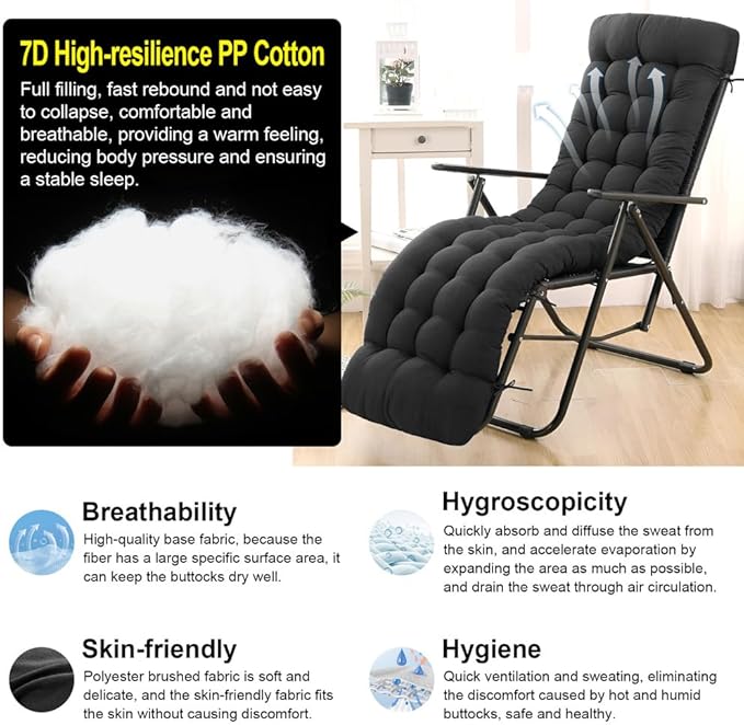 ERWUDEling Zero Gravity Lounge Chair Cushion Replacement 67 Inch, Thick & Soft Patio Furniture Cushion for Outdoor/Indoor Use, Waterproof Non-Slip with 6 Ties, Black (19 x 67 x 4 Inches)
