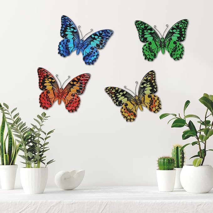 4 Pcs Butterfly Wall Decor Art, Butterflies Outdoor Metal Wall Art with Vivid Pattern, Hand Painted Outdoor Garden Yard Fence Patio Decor Gift for Women Mom