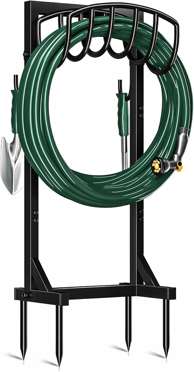 Kesfitt Garden Hose Holder Stand with 4 Spikes & 2 Tool Hooks, Detachable Heavy Duty Metal Freestanding Hose Reel Outdoor Organizer for Lawn Yard Water Storage Rack