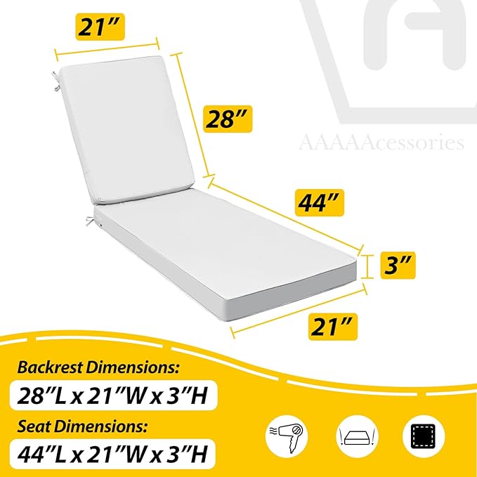 AAAAAcessories Outdoor Chaise Lounge Cushions, Fade-Resistant, Waterproof Patio Furniture Replacement Cushions, 72" x 21" x 3", Creamy White