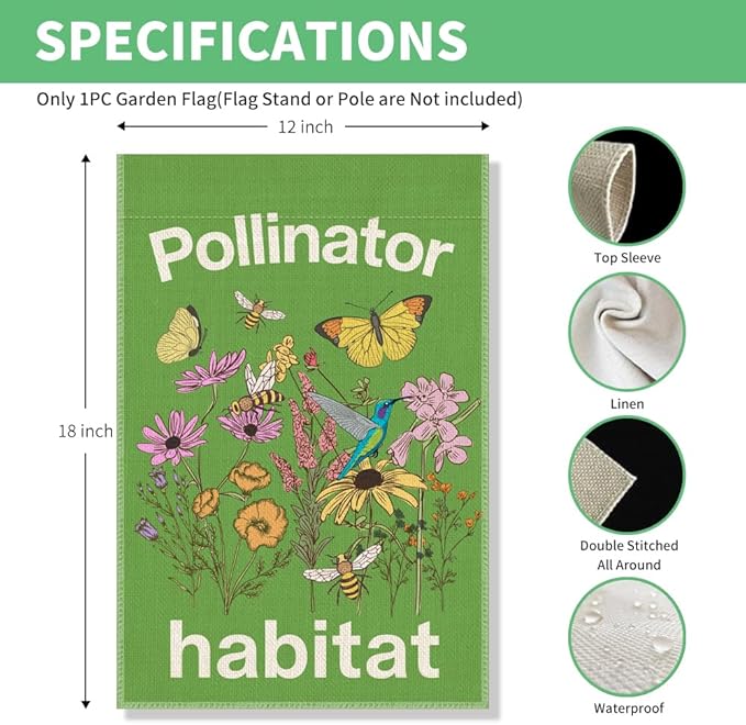 Perfectinsoy Pollinator Habitat Garden Flag, Pollinator Friendly Garden Sign, Eco-Friendly Welcome Yard Home Holiday Farmhouse Porch Patio Outdoor Decor, Flag Gifts for Native Plants Lovers Gardener