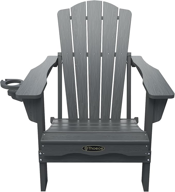 Folding Adirondack Chair Set of 2,HDPE All-Weather Outdoor Chair with Cup Holder,Wooden Textured,Fire Pit Chair,Plastic Patio Chair for Deck,Backyard,Garden,Lawn(Grey)
