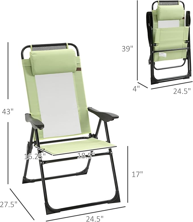Outsunny Folding Patio Dining Chairs Set of 2, Outdoor Deck Chair with Adjustable Sling Back, Camping Chair with Removable Headrest for Garden, Backyard, Lawn, Green
