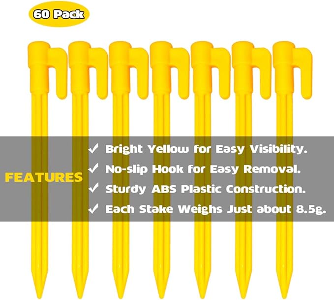 60 Pack Plastic Tent Pegs Garden Landscape Stakes 5.7 Inch for Anchoring Garden Netting, Camping Tents, Rain Tarps and Landscape Fabric Lawn Edging Yellow