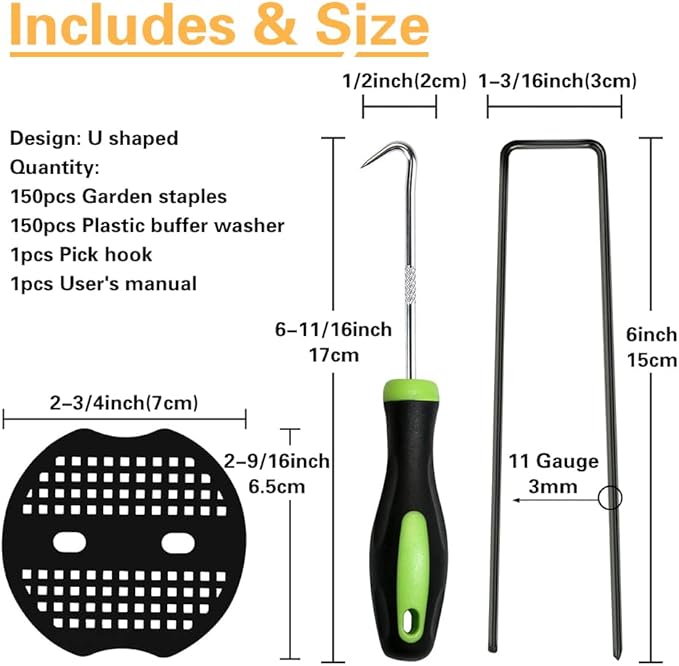 Bakulyor 150pcs Black Landscape Staples + 150pcs Buffer Washer, 6 Inch 11 Gauge Garden Stakes Staples, U Shaped Galvanized Lawn Pins Heavy Duty Yard Ground Pin for Weed Barrier Sod Fabric Decorations