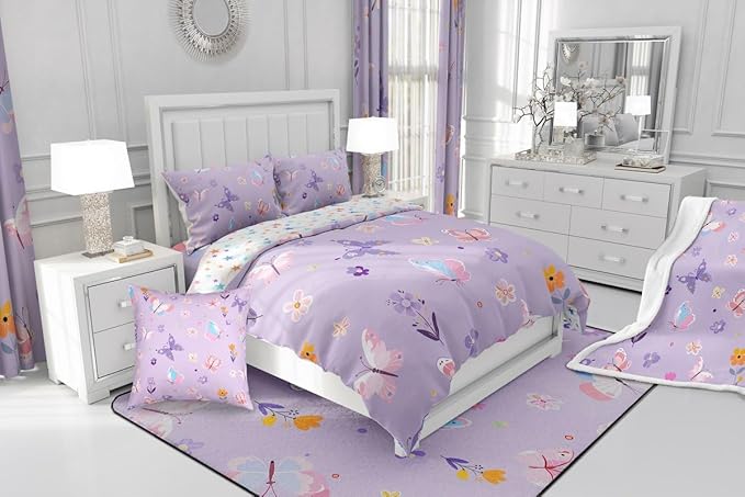 Erosebridal Purple Floral Twin Comforter Set,Cute Butterfly Bedding Sets for Kids Girls Teen,Coquette Flower Quilt Bed Set,Dreamy Flowers Garden Bedroom Decor,1 Pillowcase Breathable