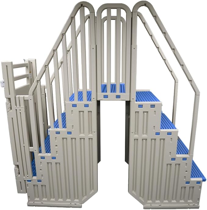 Confer Plastics Step Enclosure System: Above Ground Entry System, Dual Handrails, Slip-Resistant Steps, Supports 400 lbs, Easy Install – Made in USA, Warm Grey with Blue Step-1X Treads