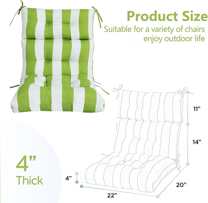 High Back Chair Cushions Set of 2, Adirondack Chair Cushion with Waterproof, Rocking Chair Cushion for Outdoor Patio, Garden Porch 45”x 22”x 4 (2, Green White B)