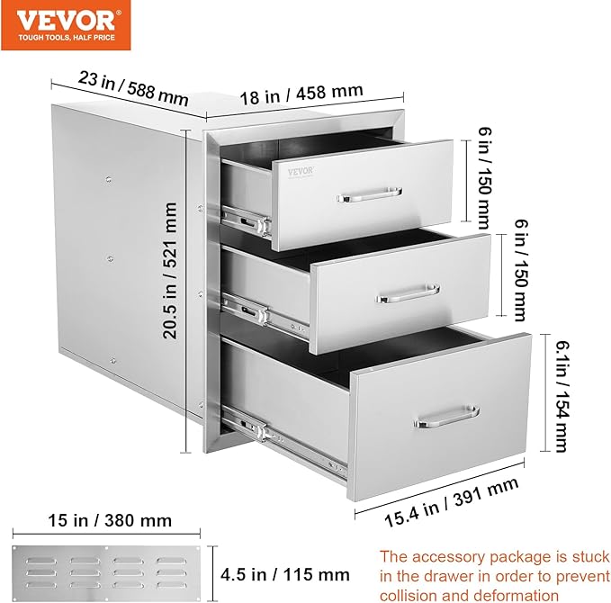 VEVOR 18x23 Inch Outdoor Kitchen Cabinets 18W x 20.5H x 23D Inch, BBQ Drawers Stainless Steel, Outdoor Kitchen Drawers Triple Access with Chrome Handle, BBQ Island Drawers, Grill Drawers Storage