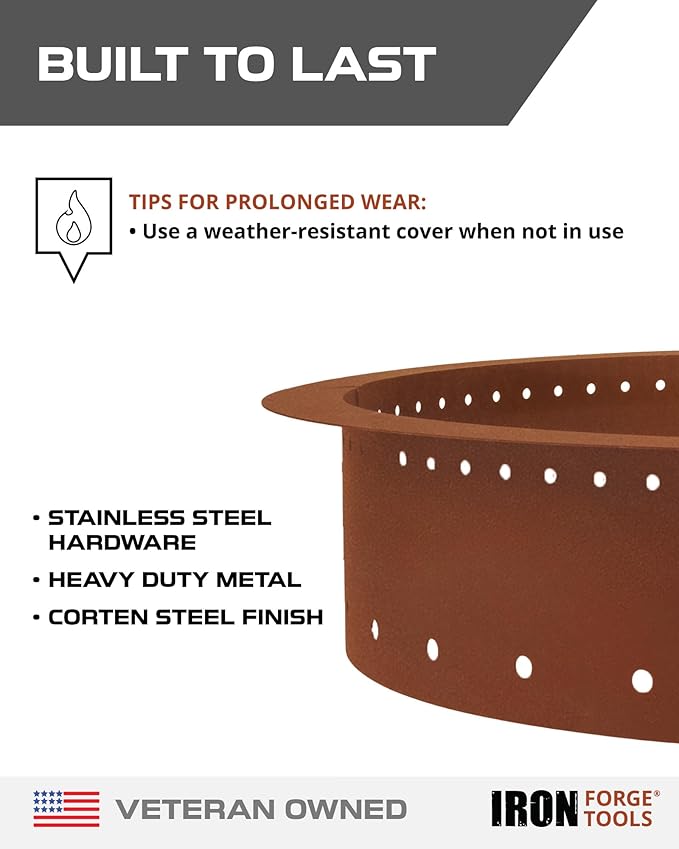 Heavy Duty Metal Smokeless Permanent Fire Pit Ring 48 inch Outer/42 inch Round Fire Pit Insert Liner for Outdoor, Firepits for Outside Corten Steel (48x42x10), Patent Pending
