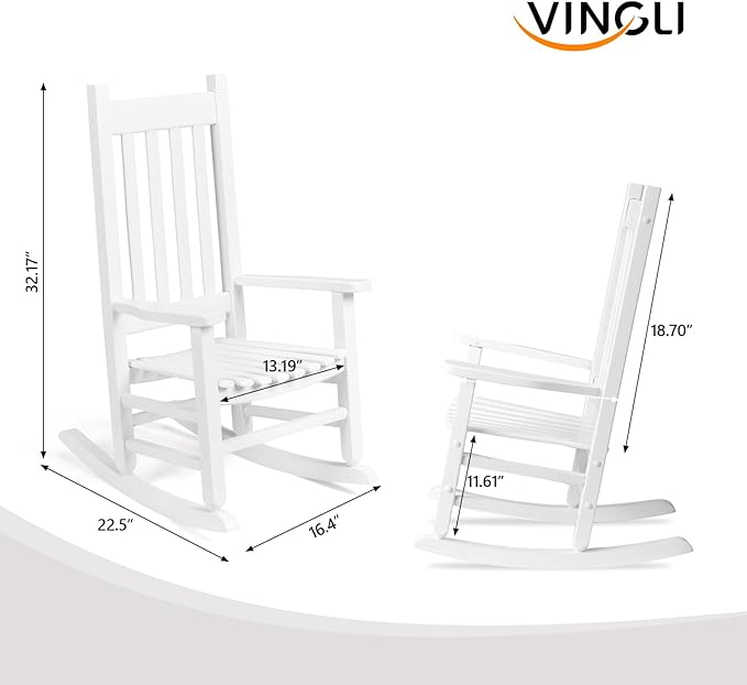 VINGLI Outdoor Child’s Rocking Chair, All Weather Wooden Rocking Chair with High Backrest, Patio Rocker for Garden, Yard, Balcony, Wooden Rocker for 3-9 Years Old, White