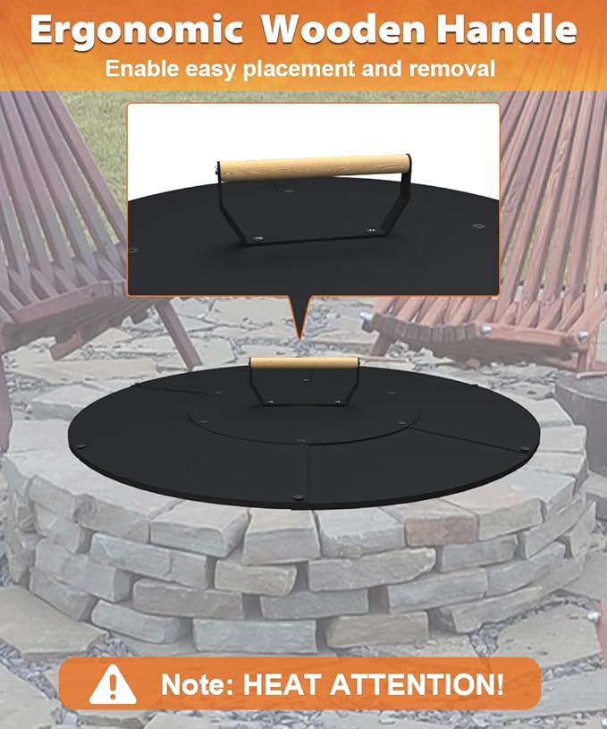 24" Wooden-Handle Fire Pit Lid for Pits up to 22", Round Metal Bonfire Pit Burner Pan Cover, Smokeless Fire Pit Cover for Fire Tables, All-Weather Resistance Outdoor Firepit Accessory