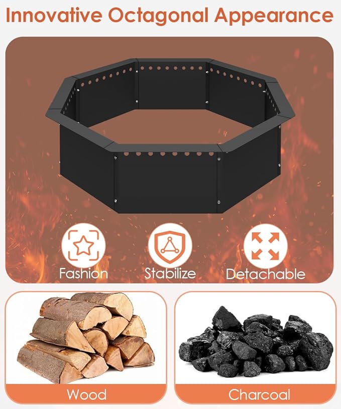 Mocomax Smokeless Fire Pit Ring 28-Inch Outer 24-Inch Inner Diameter, Large Solid Steel Firepit Liner for Outside Wood Burning, DIY Campfire Ring Above or In-Ground for Outdoor, Octagonal