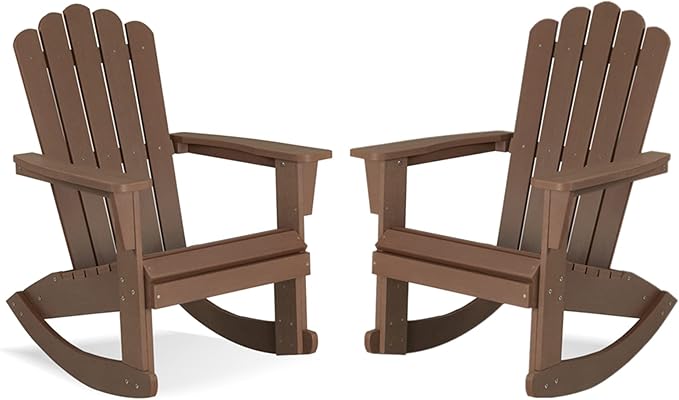 Psilvam Adirondack Rocking Chair Set of 2, Eco-Friendly Wood-Style Outdoor Patio Rocker - Heavy Duty 350 lbs Capacity, All-Weather Recycled Plastic, Easy Assembly (Brown)