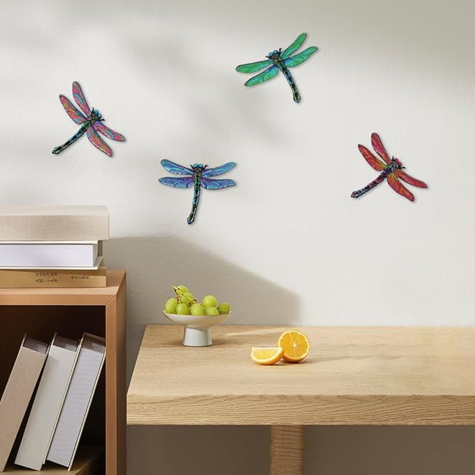 dreamskip Metal Dragonfly Wall Decor Art, 4 Pack Colorful Metal Dragonflies Outdoor Wall Art, Hand Painted Outdoor Wall Decor For Garden, Yard, Fence, Patio, Outside, Living Room Decoration