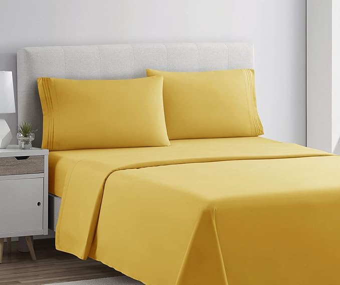 Clara Clark Bed Sheets, Premier 1800 Series 4 Piece Bed Sheet Set, Deep Pocket, Wrinkle, Fade, Stain Resistant, Luxury Soft Bedding Sheets & Pillowcases, King, Yellow