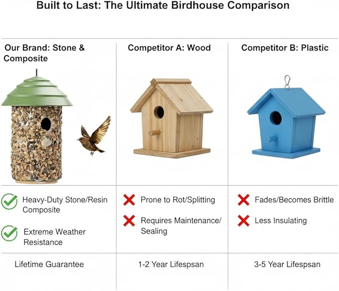 Outdoor Wren Bird House with River Pebble Composite Roof – Decorative Wooden Nesting Box for Wrens, Finches & Small Songbirds – Weather-Resistant Hanging Backyard Habitat, 10 Years (Green)