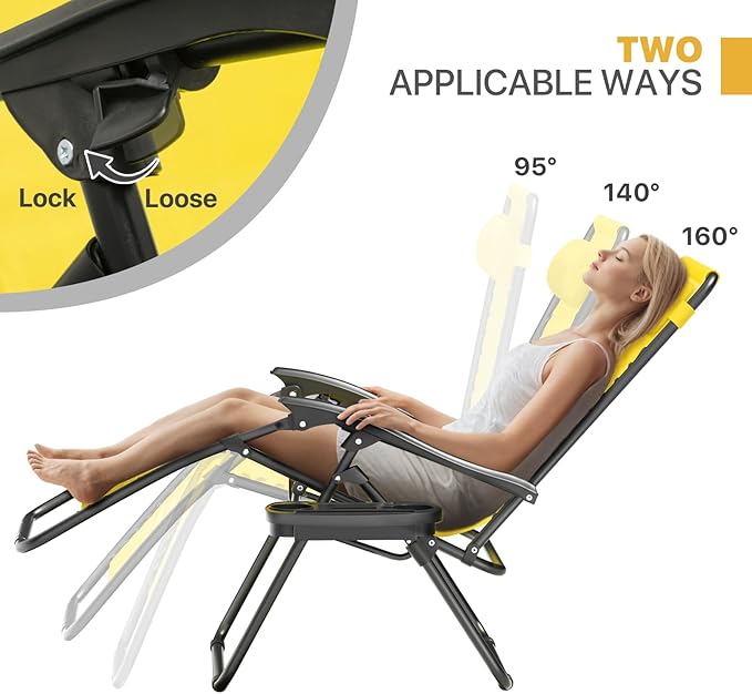 Magshion Zero Gravity Lounge Chairs Set of 2, Outdoor Patio Reclining Chair with Side Tray, Adjustable Anti-Gravity Recliners with Pillow Headrest, Folding Lounger for Lawn Camping Beach, Yellow