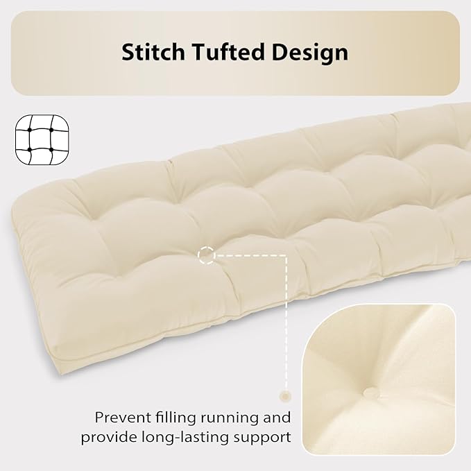 Tufted Bench Cushions for Outdoor Furniture, 59" x 18" Porch Swing Cushions Filled with Foam, Overstuffed Patio Cushions for Bench Loveseat with 2-3 Seats,Thick and Water Resistant, Beige
