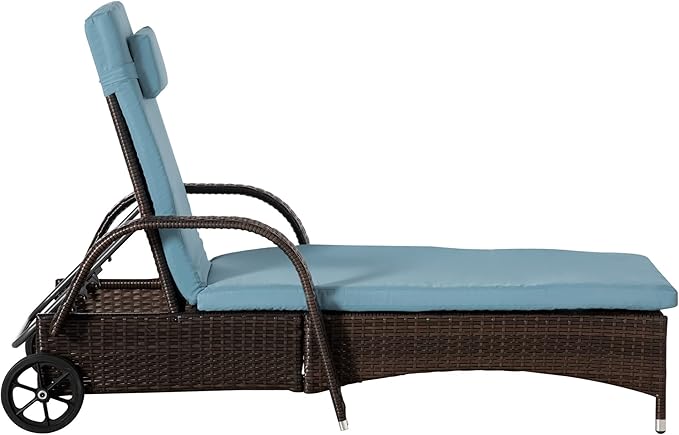Outsunny Wicker Outdoor Chaise Lounge Chair Set of 3 with Side Table, 5-Level Adjustable Backrest PE Rattan Pool Lounge Chair with Wheels, Cushion & Headrest, Brown and Gray