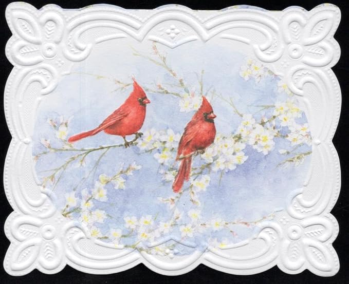 Poster Foundry Set of 3 - Red Cardinals on blue Boxed Note Cards by Carol Wilson. 10 embossed 4x5 Die-Cut Notecards and Matching Envelopes in Decorative Gift Box with Magnetic Flap. NCP2700
